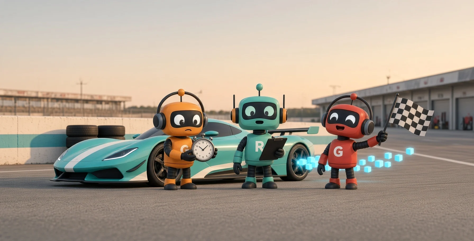 Robot pit crew timing a race car on a track